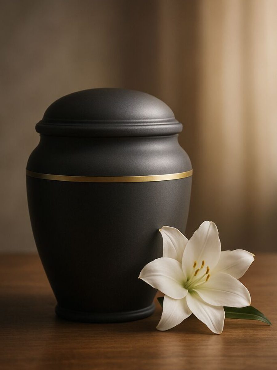 Urna para cinzas preta e elegante com uma flor branca, representando a cremação com dignidade.