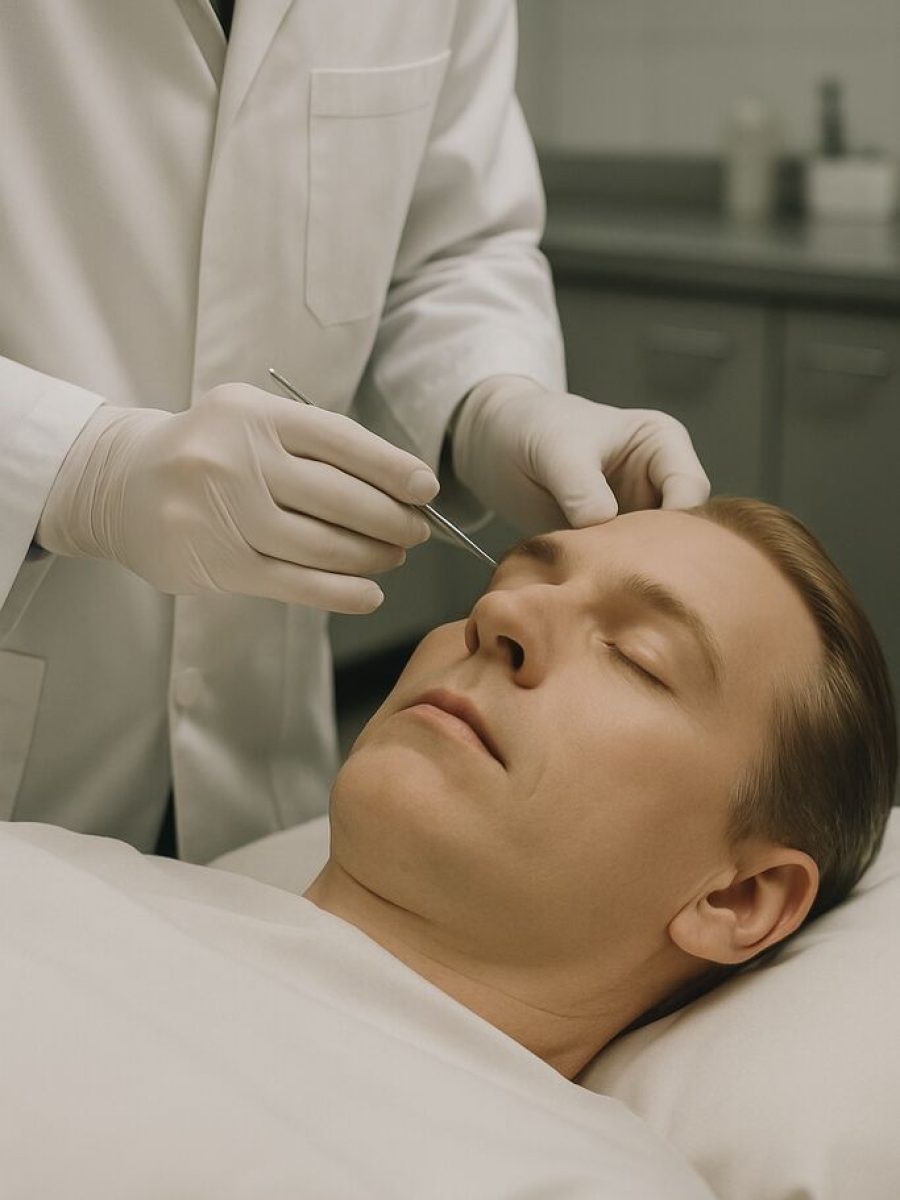 Profissional com luvas brancas realizando a tanatopraxia com delicadeza no rosto do falecido.