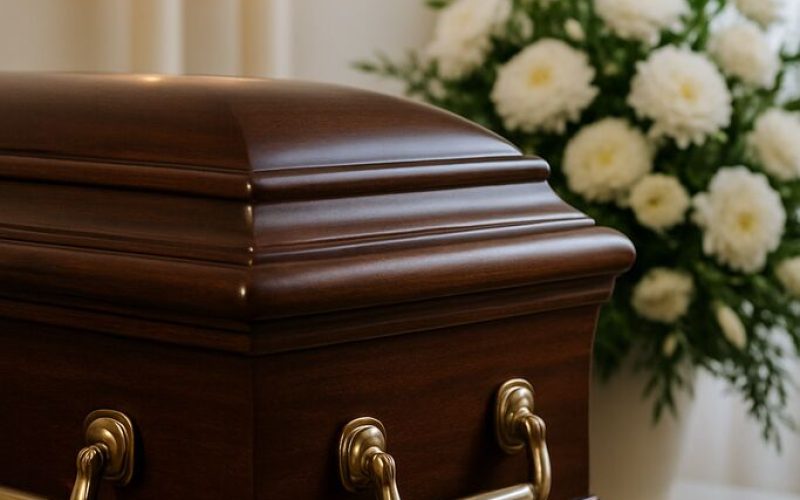 Urna funerária de madeira escura com alças douradas, símbolo de dignidade e respeito.